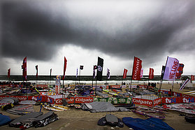 Rain clouds hang over the event site